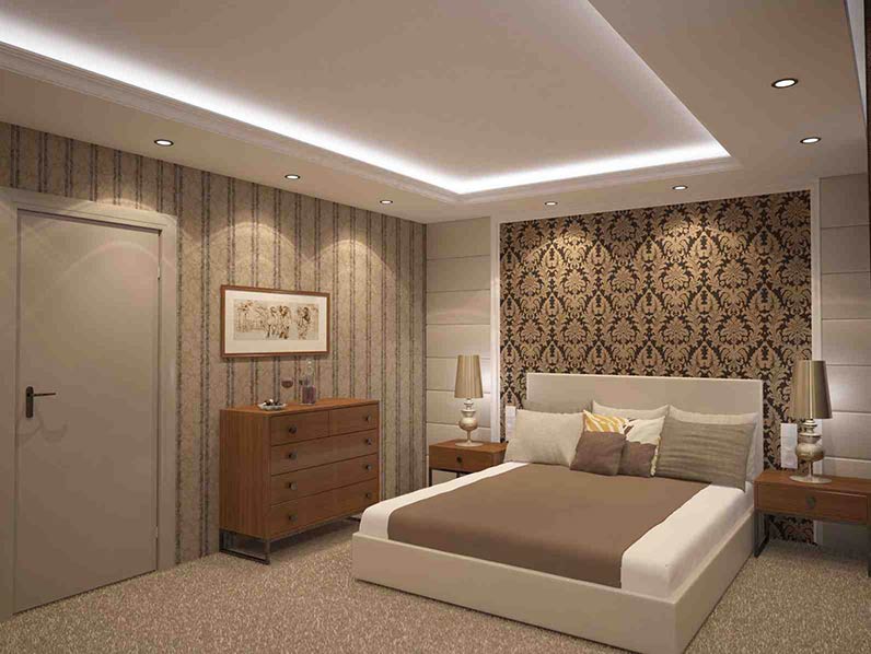Photo d'une chambre avec un faux plafond design et lumineux