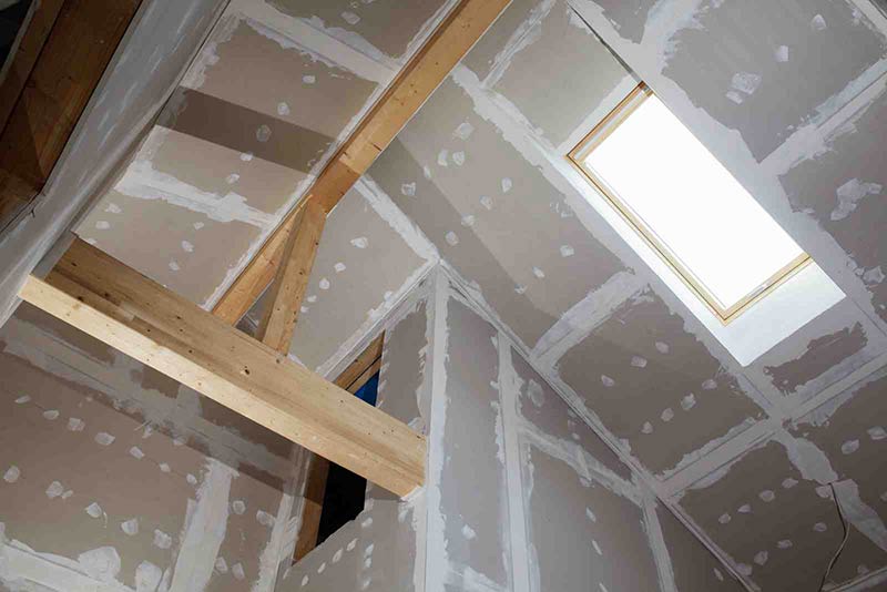 Photo d'un plafond en placo avant lissage avec poutre apparente et velux